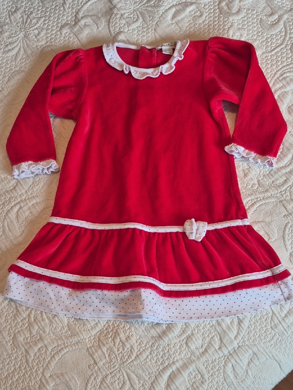 Kissy Kissy girls size 12 - 18 months red velvety dress white red dot trim VGUC